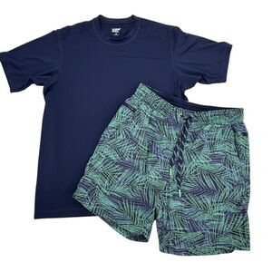 Lands End men’s size medium swim trunks and matching medium navy rashguard set